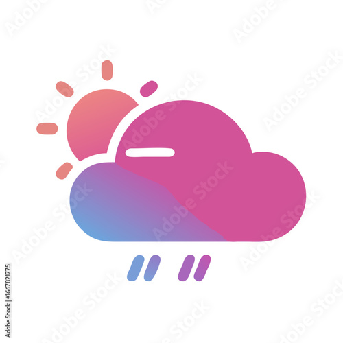 Colorful graphic of sun peeking from behind a rain cloud with falling raindrops