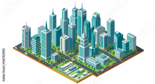 Isometric cityscape of modern urban architecture with skyscrapers and roads