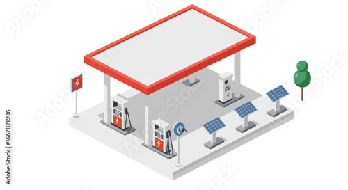 Modern isometric electric vehicle charging station with solar panels