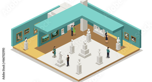 Isometric art gallery with visitors viewing sculptures and paintings