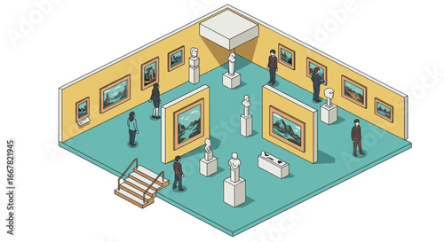 Isometric art gallery with visitors and sculptures in modern exhibition space