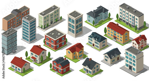 Diverse isometric buildings collection with houses and apartments