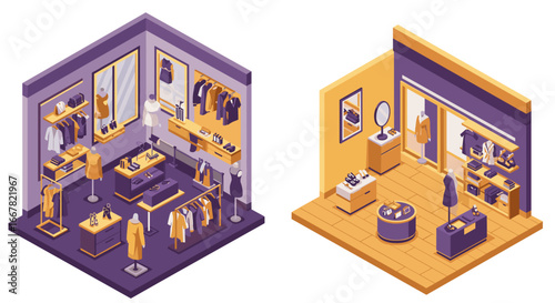 Isometric fashion boutique: trendy clothing and accessories display