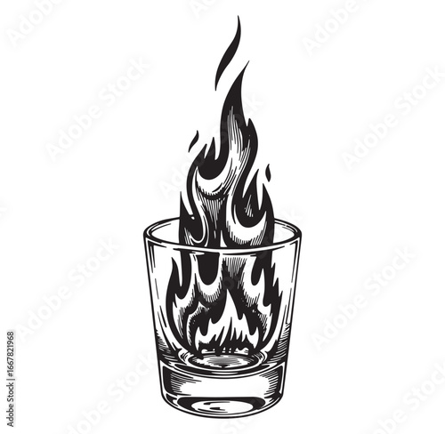 Artistic illustration of a burning shot glass depicting flames in a stylish monochrome design