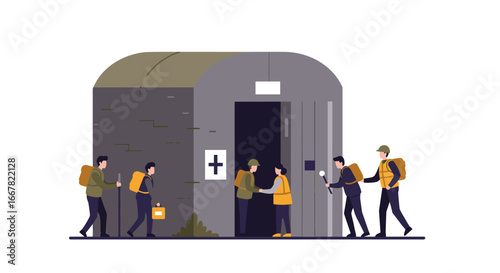Emergency shelter evacuation: people entering bunker in flat style