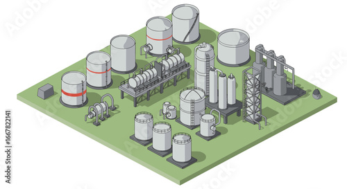 Industrial isometric view of oil and gas refinery with storage tanks and pipelines