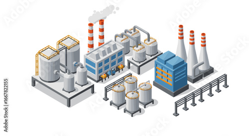 Isometric industrial plant with storage tanks and chimneys