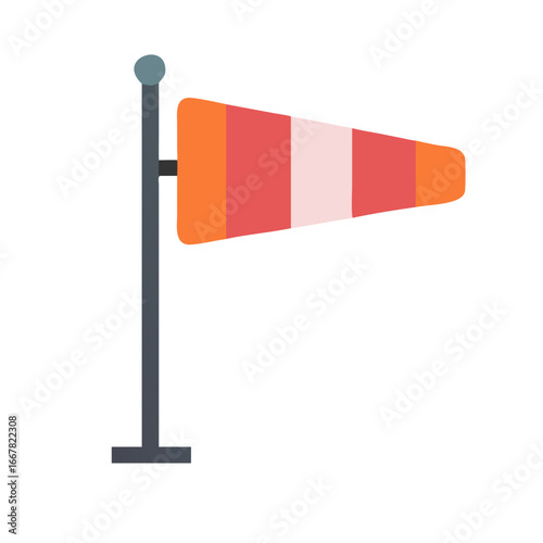 Flat design windsock illustration indicating wind direction and speed against black background.