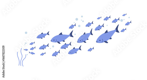 Minimalist blue fish swimming in formation on white background