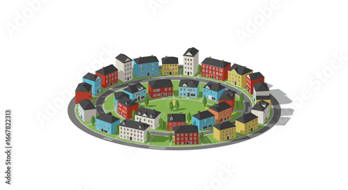 Charming circular neighborhood with colorful houses in isometric style