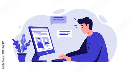 Man engaging with online profiles and messages on computer in modern workspace setting