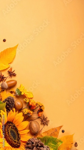 Autumnal arrangement featuring a sunflower and colorful leaves against a yellow background, creating a warm and inviting aesthetic. A perfect visual representation of the season of harvest.