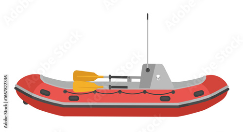 Inflatable red dinghy with paddles on white background