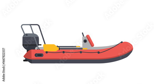 Inflatable boat with motor and oars on white background