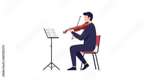 Musician playing violin on chair: flat design practice session