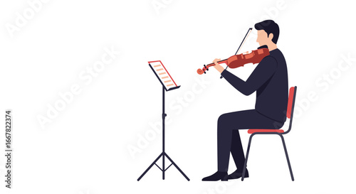Elegant flat design of musician playing violin seated with music stand