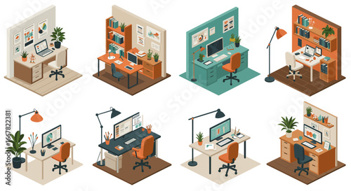 Isometric home office designs with plants and desks in various styles