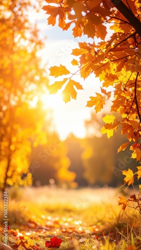 A sunny autumn scene with leaves turning yellow and orange, capturing a peaceful and warm atmosphere