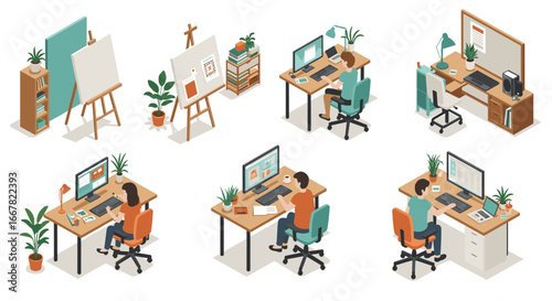 Isometric home office workstations with creative and professional environments