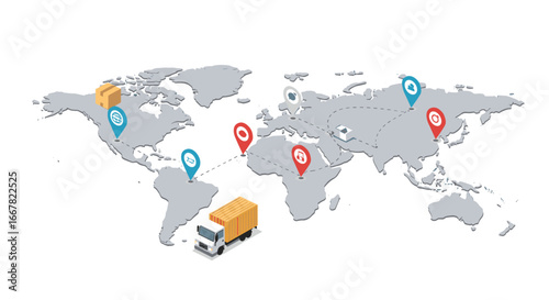 Global logistics map with delivery icons and transport routes