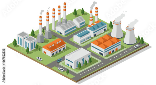 Isometric industrial complex with factories and power plant in urban setting