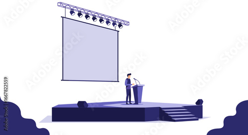 Modern business presentation with speaker on stage and large screen background