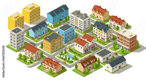 Colorful isometric cityscape with diverse residential buildings and green spaces