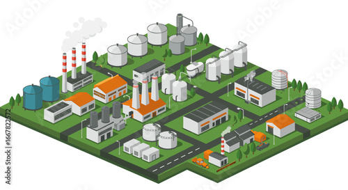 Isometric industrial landscape with factories and storage tanks