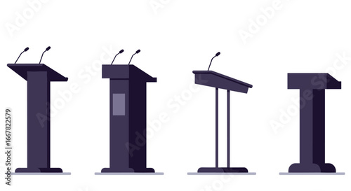 Set of flat podium designs with microphones for public speaking and conferences