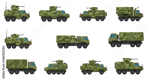 Military vehicle set featuring various army trucks and armored cars
