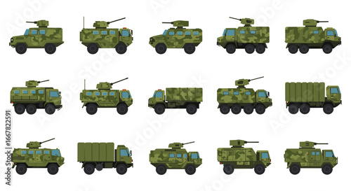 Military vehicles side view set: armored trucks and tanks in camouflage design