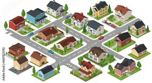 Charming isometric neighborhood with colorful houses and green spaces