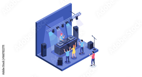 Isometric nightclub scene with dj and dancing crowd