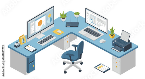 Isometric home office workspace with dual monitors and modern furniture