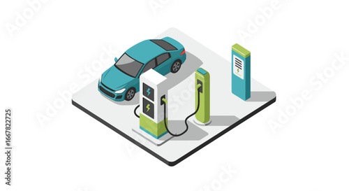 Isometric electric car charging at station with information display