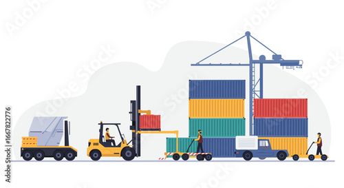 Cargo shipping and logistic operations with forklifts and cranes