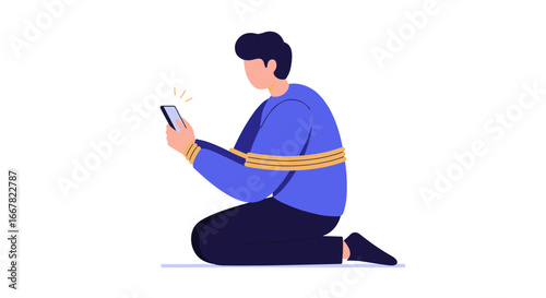 Person tied with rope holding phone while kneeling: digital deception concept