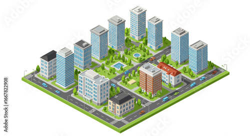 Isometric cityscape with high-rise buildings and green spaces