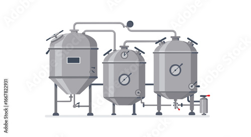 Modern brewery equipment with metallic brewing tanks for craft beer production