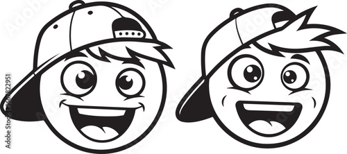 Minimalist black and white smiley face icons – playful cartoon expressions with baseball caps, wide eyes, and quirky hair.