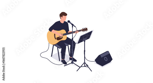 Acoustic musician singing and playing guitar on stage