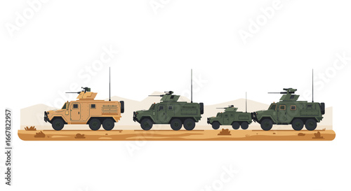 Military armored vehicles in desert landscape with modern tactical design