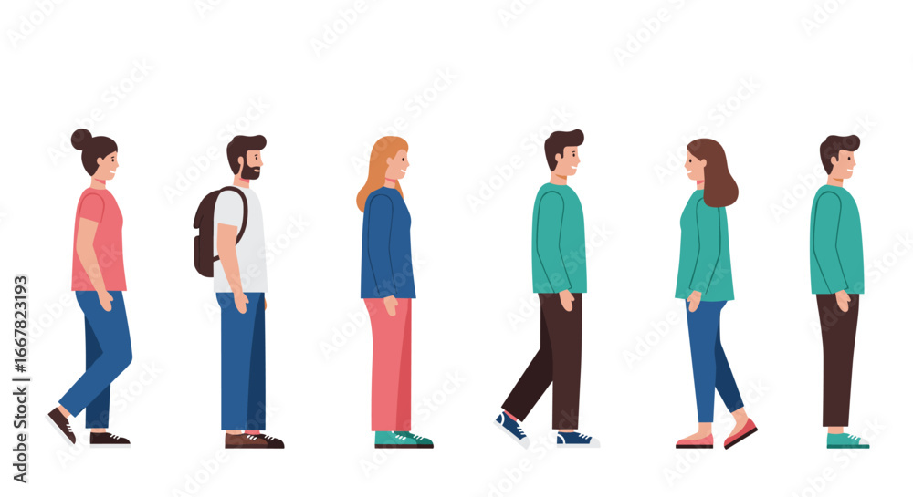 Obraz premium Diverse people walking in profile view on white background