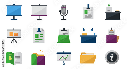 Modern office and presentation icons in flat design for business and communication