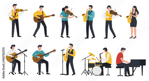 Musician ensemble playing various instruments in modern flat illustration style