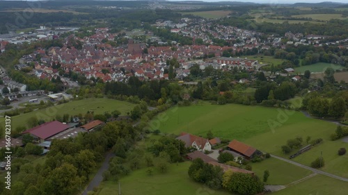 Aerial view of the old town city Weik der Stadt in Germany. On a cloudy day in Summer.
