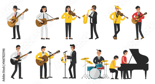 Musicians playing instruments in flat style: band with guitar, violin, and piano