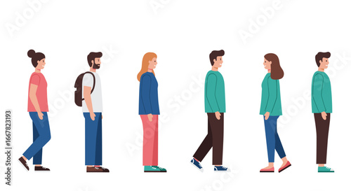 Diverse people walking in profile view on white background