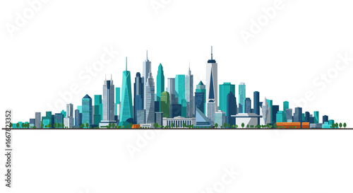 Modern city skyline with skyscrapers on white background