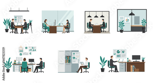Modern office scenes: employees collaborate and work remotely in stylish workspaces
